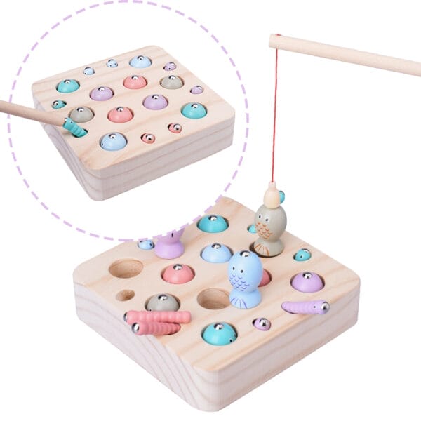 Jeu de pêche magnétique en bois pour enfants. Avec poissons et vers colorés.