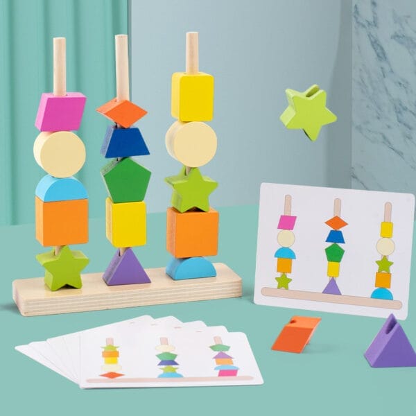 Jouet Montessori à empiler géométrique. Formes en bois colorées sur piquets. Jouet éducatif préscolaire.