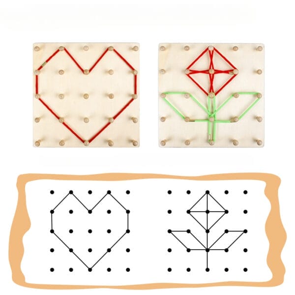 Géoplanche en bois avec motifs de cœurs et de fleurs. Jouet Montessori pour la motricité fine des enfants.