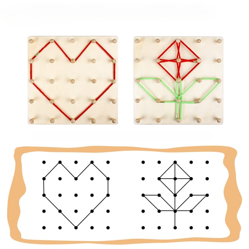 Géoplanche en bois avec motifs de cœurs et de fleurs. Jouet Montessori pour la motricité fine des enfants.