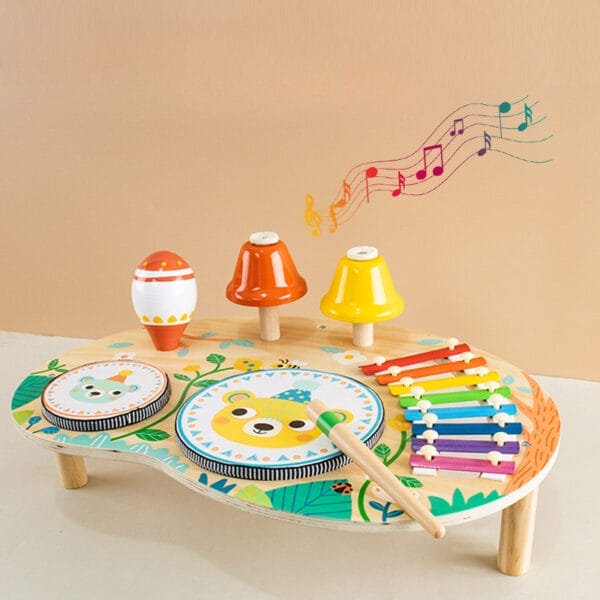 Coffret d'instruments de musique en bois pour enfants, avec tambour, xylophone et cloches. Idéal pour le développement de la petite enfance.