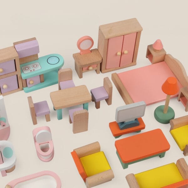 Puppenhausmöbel-Set aus Holz. Farbenfrohe Miniatur-Küchen-, Schlafzimmer- und Wohnzimmerteile für fantasievolles Spielen.