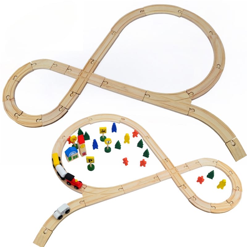 kinder eisenbahn -Set mit Gleisen in Form einer Acht. Enthält Zug, Waggons und Zubehör.