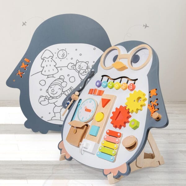 Montessori-Beschäftigungsbrett: Interaktives Spielbrett in Pinguinform mit Uhr, Zahnrädern, Xylophon und Schnürung.