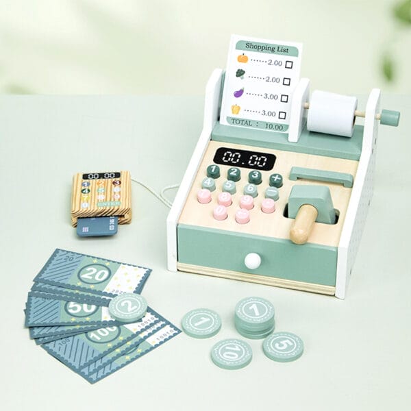 Spielzeugkasse aus Holz mit Spielgeld, Taschenrechner und Einkaufsliste. Perfekt für Rollenspiele!