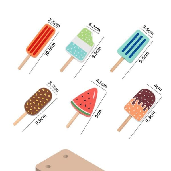 Six colorful popsicle toys with dimensions