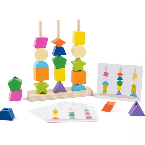 Jeu Montessori en bois à empiler avec formes géométriques. Blocs colorés pour enfants.