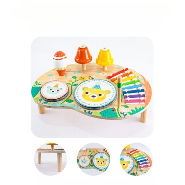 Coffret d'instruments de musique en bois pour enfants, avec tambour, xylophone et cloches. Idéal pour le développement de la petite enfance.
