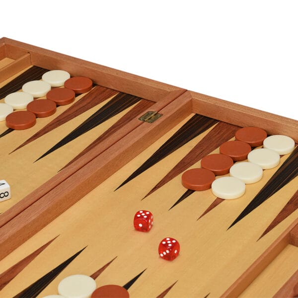Open wooden backgammon game in progress, featuring wooden playing pieces and dice.