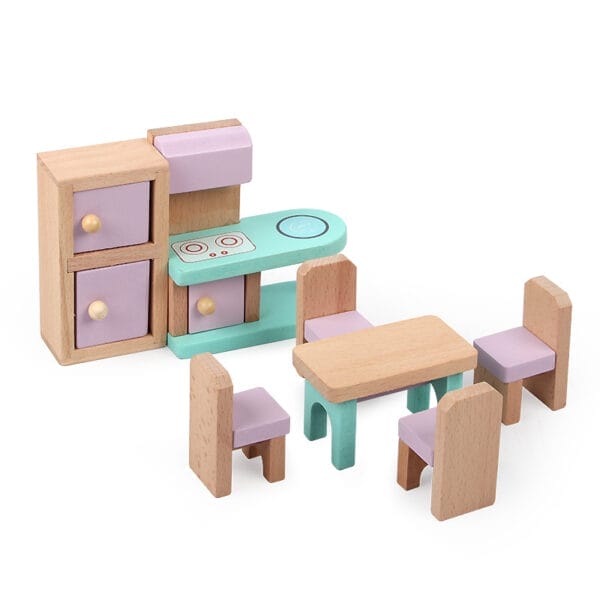 Puppenhausmöbel-Set aus Holz: Küche und Esszimmer. Perfekt für fantasievolles Spielen.