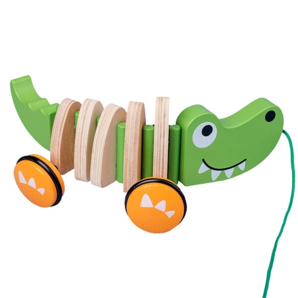 Krokodil-Nachziehspielzeug aus Holz für Kleinkinder. Lustig, farbenfroh und perfekt für 1-Jährige.