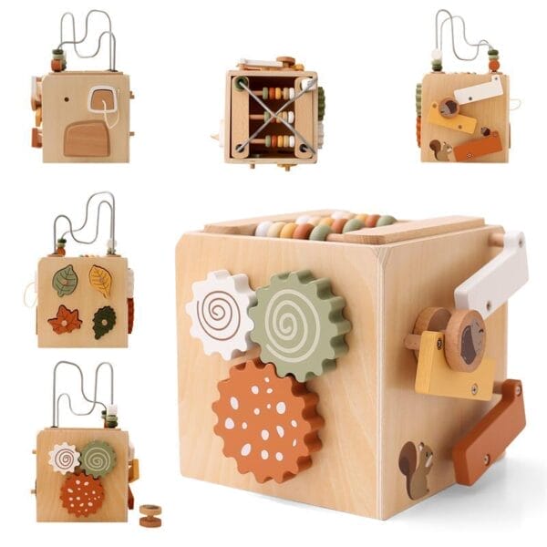 5-in-1-Holz Motorikwürfel für Kinder. Entwickelt motorische Fähigkeiten mit Labyrinth, Zahnrädern und Abakus.