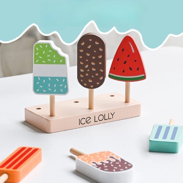 Wooden ice lolly toys on stand; includes watermelon, chocolate, and mint flavors.