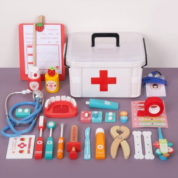 Trousse de médecin en bois pour enfants, comprenant un stéthoscope, des outils et une trousse de premiers secours. Un jouet idéal pour les jeux de rôle.