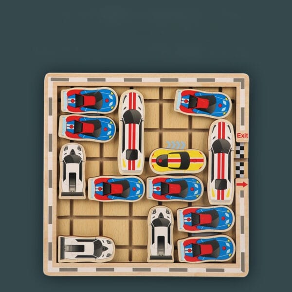 Jeu de puzzle de voitures en bois ; faites glisser les voitures de course jusqu'à la sortie.