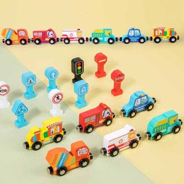 Train en bois avec wagons, camions et panneaux de signalisation magnétiques. Idéal pour un jeu créatif !