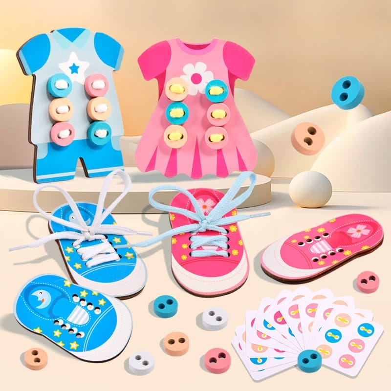 Vêtements et chaussures en bois avec activités de laçage et de boutons pour enfants.