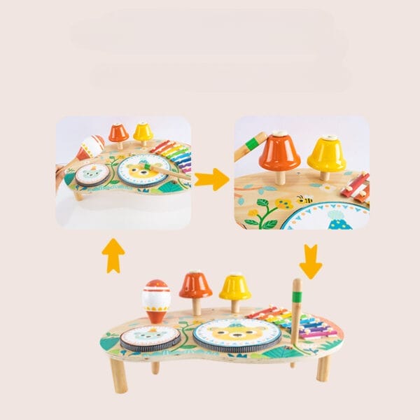 Coffret d'instruments de musique en bois pour enfants, avec tambour, xylophone et cloches. Idéal pour le développement de la petite enfance.