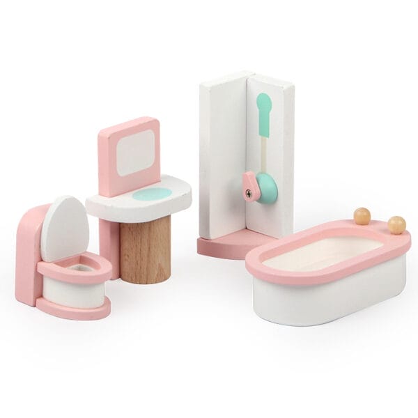 Puppenhaus-Badezimmer-Spielset aus Holz mit Toilette, Waschbecken, Badewanne und Dusche. Perfekt für fantasievolles Spielen.