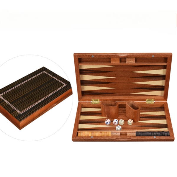 Wooden backgammon set with game pieces and dice. Classic board game for kids.