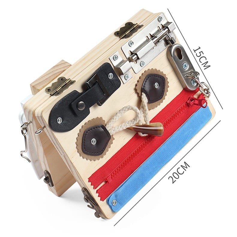 Montessori-Beschäftigungsbrett aus Holz mit Riegeln, Reißverschlüssen und Schnallen. Interaktives Lernspielzeug für Kleinkinder.