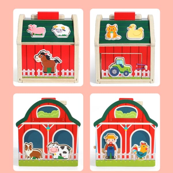 Bauernhofspielzeug aus Holz mit bunten Tier- und Fahrzeugformen. Multifunktionales Lernspielzeug für Kinder.