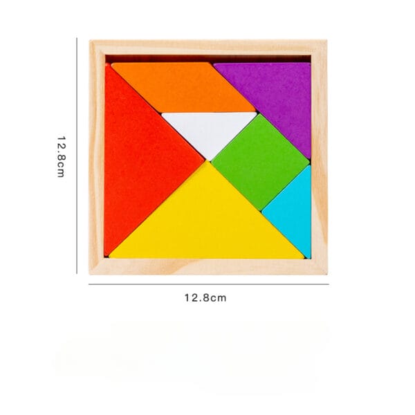 Colorful wooden tangram puzzle in a square frame. Montessori learning toy for toddlers.