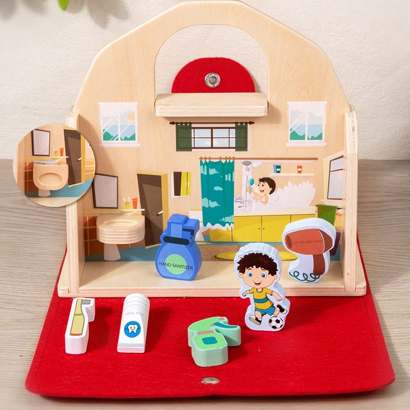 Cuisine enfant en bois avec accessoires adaptés aux enfants. Salle de bain miniature incluse.