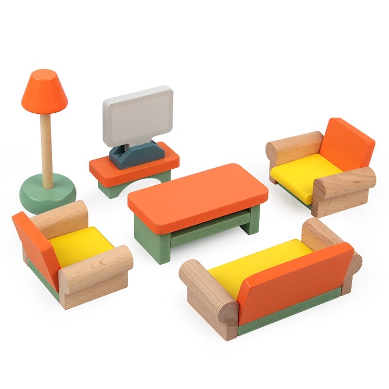 Puppenhaus Möbel-Set aus Holz: Sofa, Sessel, Couchtisch, TV-Ständer und Lampe. Ideal für fantasievolles Spielen.