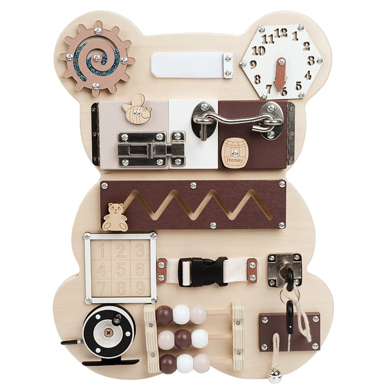 Montessori Busy Board: Bärenförmiges Holzspielzeug mit interaktiven Schlössern, Uhr, Zahlen und Abakus.