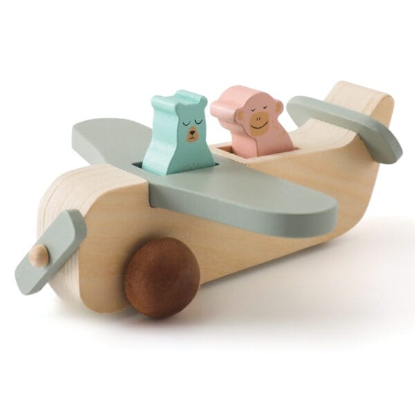 Holzflugzeugspielzeug mit Bären- und Affenpassagieren. Pädagogisches Schiebe- und Flugspielzeug für Kinder.