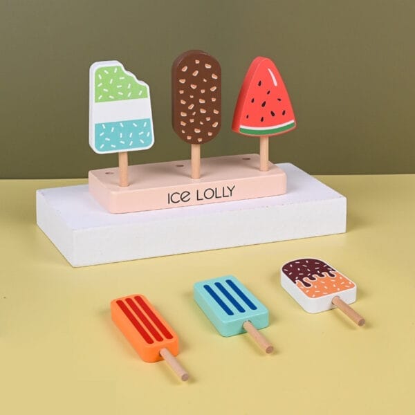 Wooden ice lolly toy set with assorted flavors on stand. "Ice Lolly" label visible.