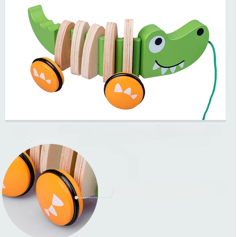 Krokodil-Nachziehspielzeug aus Holz für Kleinkinder. Lustig, farbenfroh und perfekt für 1-Jährige.