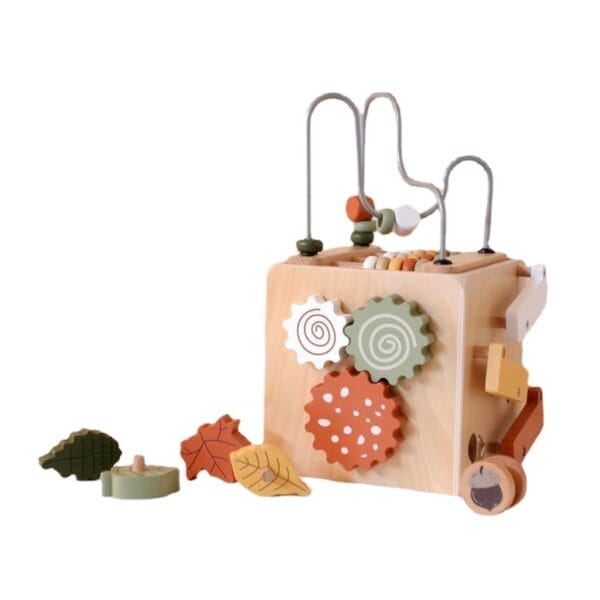 5-in-1-Aktivitätswürfel aus Holz für Kinder mit Zahnrädern, einem Perlenlabyrinth und Blattsortierern. Ideal zur Entwicklung motorischer Fähigkeiten.