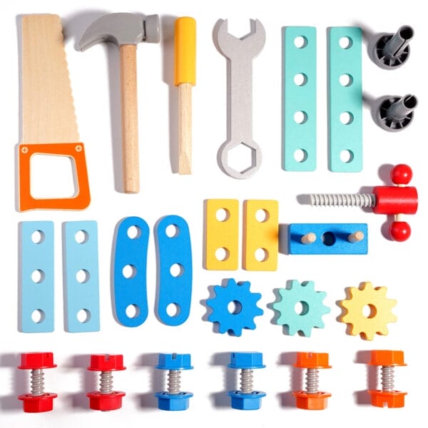 Holzspielzeug-Werkzeugset für Kinder mit Hammer, Säge, Schraubenschlüssel und Bauklötzen. Ideal für kreatives Spielen und zum Weiterverkaufen.
