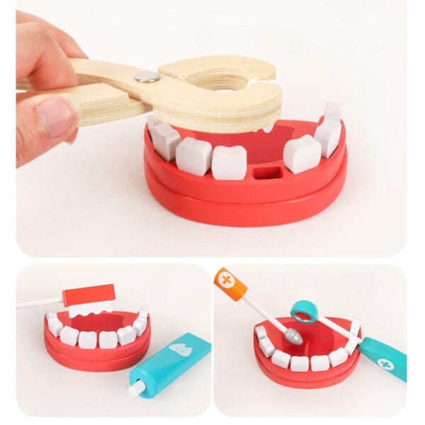 Coffret de médecin en bois avec dents et outils. Idéal pour les jeux de rôle des enfants.