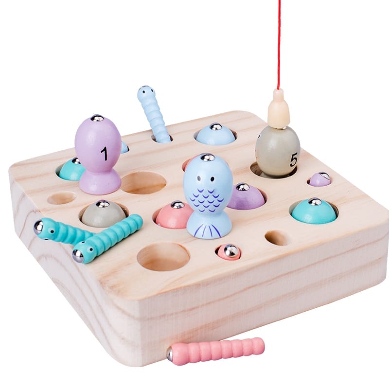 Jeu de pêche magnétique en bois pour enfants. Avec poissons colorés, vers et chiffres.