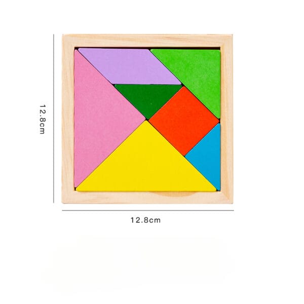 Colorful wooden tangram puzzle in a square frame. Montessori learning toy for toddlers.