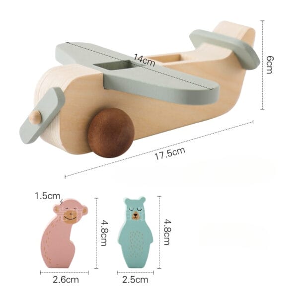 Holzflugzeugspielzeug mit Affen- und Bärenfiguren. Pädagogisches Schiebe- und Ziehspielzeug für Kinder.