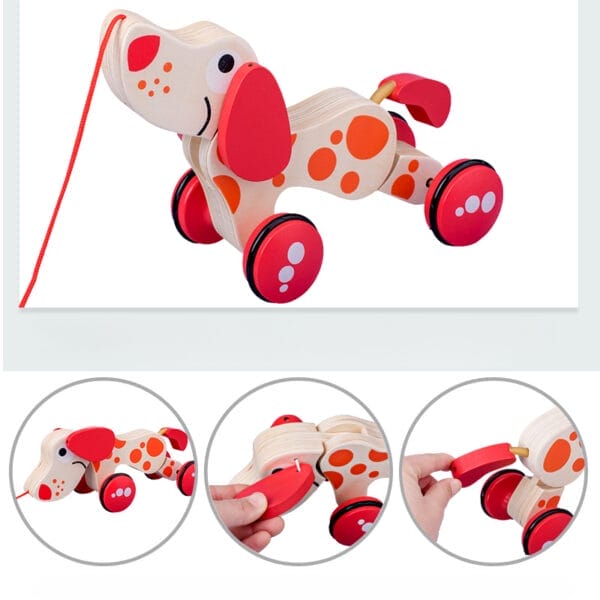 Entzückendes Nachzieh-Hundespielzeug aus Holz für Kleinkinder. Mit roten und orangefarbenen Punkten.