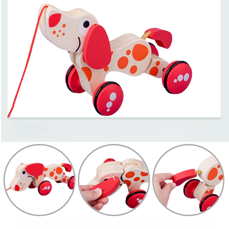 Entzückendes Nachzieh-Hundespielzeug aus Holz für Kleinkinder. Mit roten und orangefarbenen Punkten.