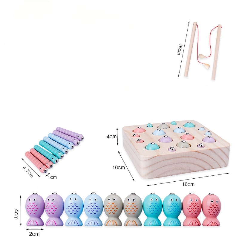Jeu de pêche magnétique en bois pour enfants. Comprend des cannes à pêche, des poissons colorés et un plateau de jeu.