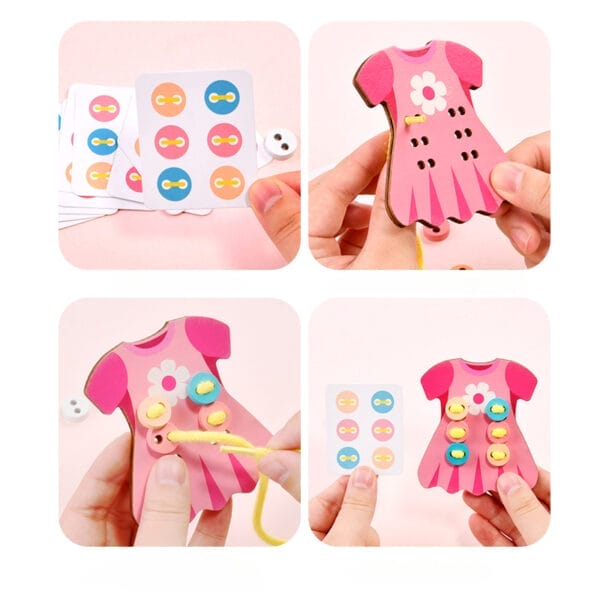 Robe jouet en bois à lacer pour enfant avec boutons colorés.