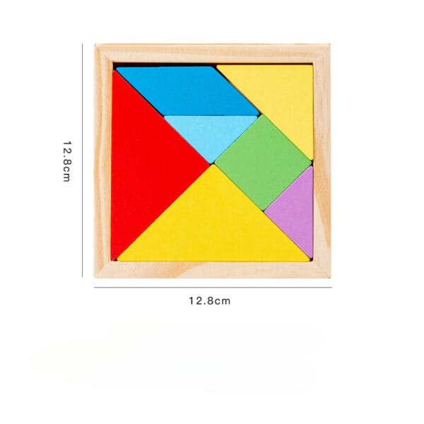 Colorful wooden tangram puzzle in a square frame. Montessori learning toy for toddlers.