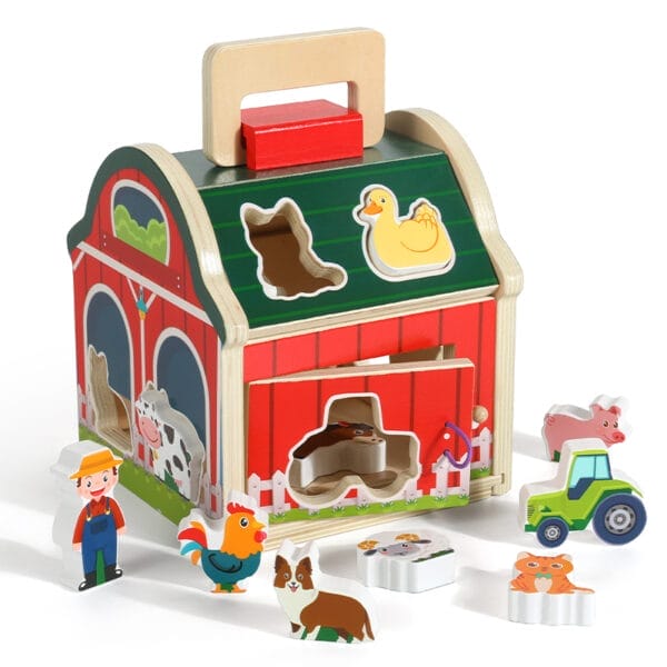 Spielzeug Bauernhof Holz zum Sortieren von Formen mit Tieren und einem Bauern. Ideal für die Form- und Farberkennung von Kindern.