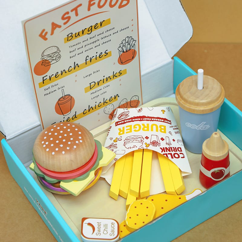 Wooden toy fast food set: burger, fries, drink, ketchup.
