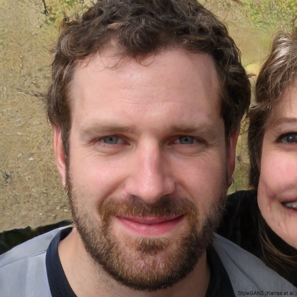 Close-up portrait of a man with short brown hair and a beard.