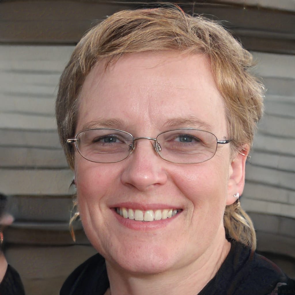 Portrait of a woman with short blond hair wearing glasses