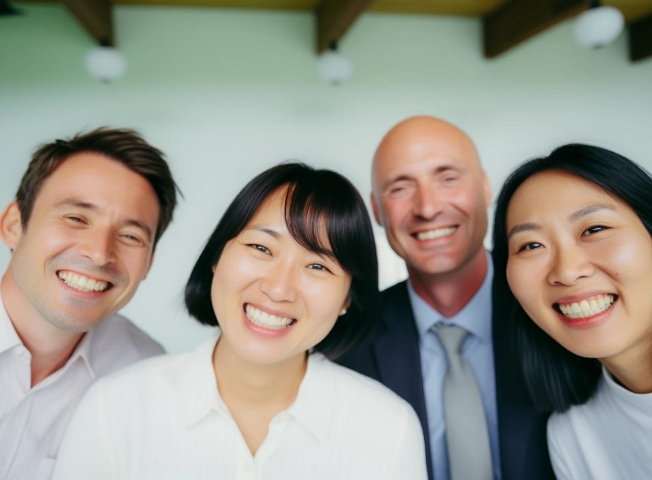 Four diverse smiling colleagues, showcasing a positive and inclusive workplace.