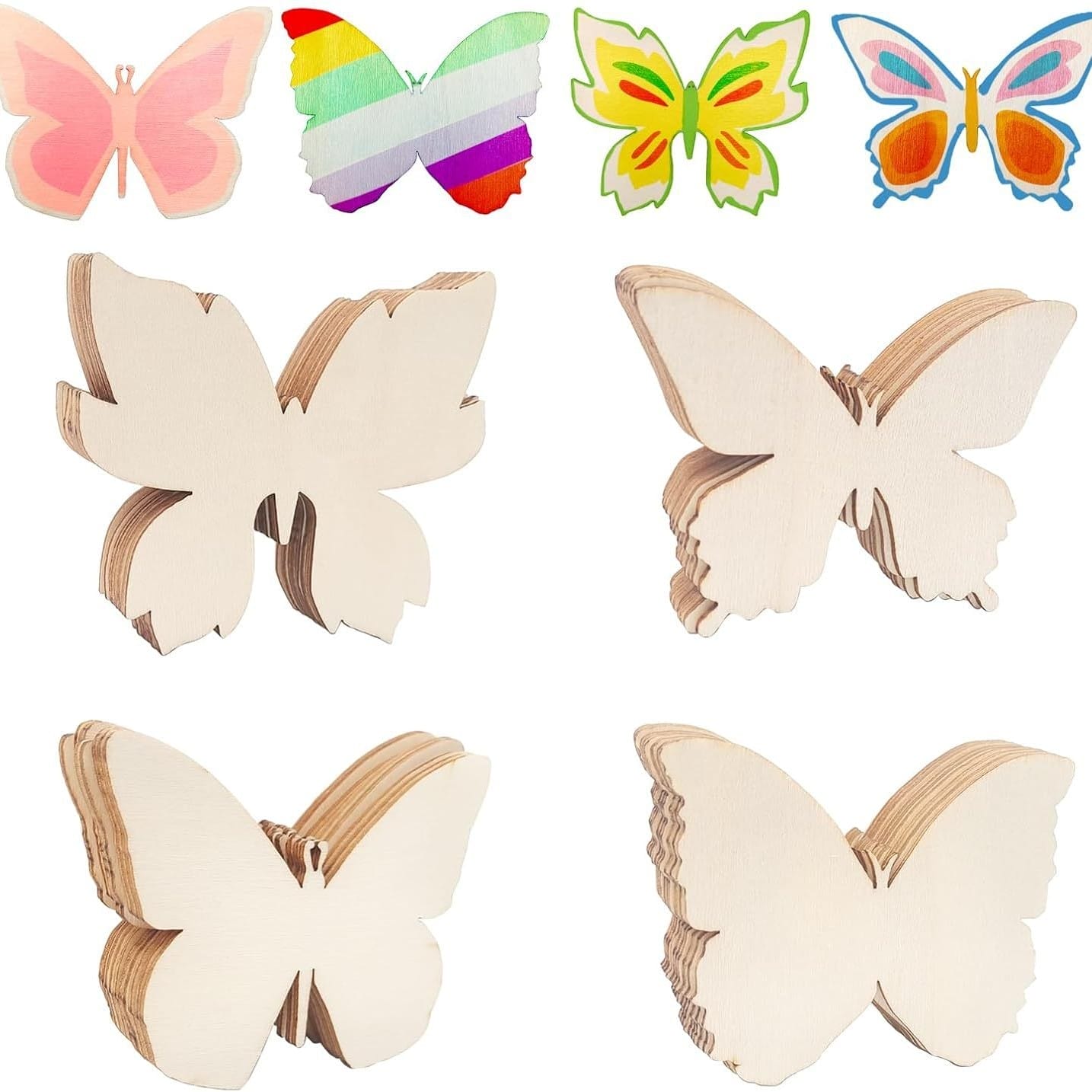 Schmetterlingsformen aus Holz und bemalte Schmetterlingsmotive zum Basteln.